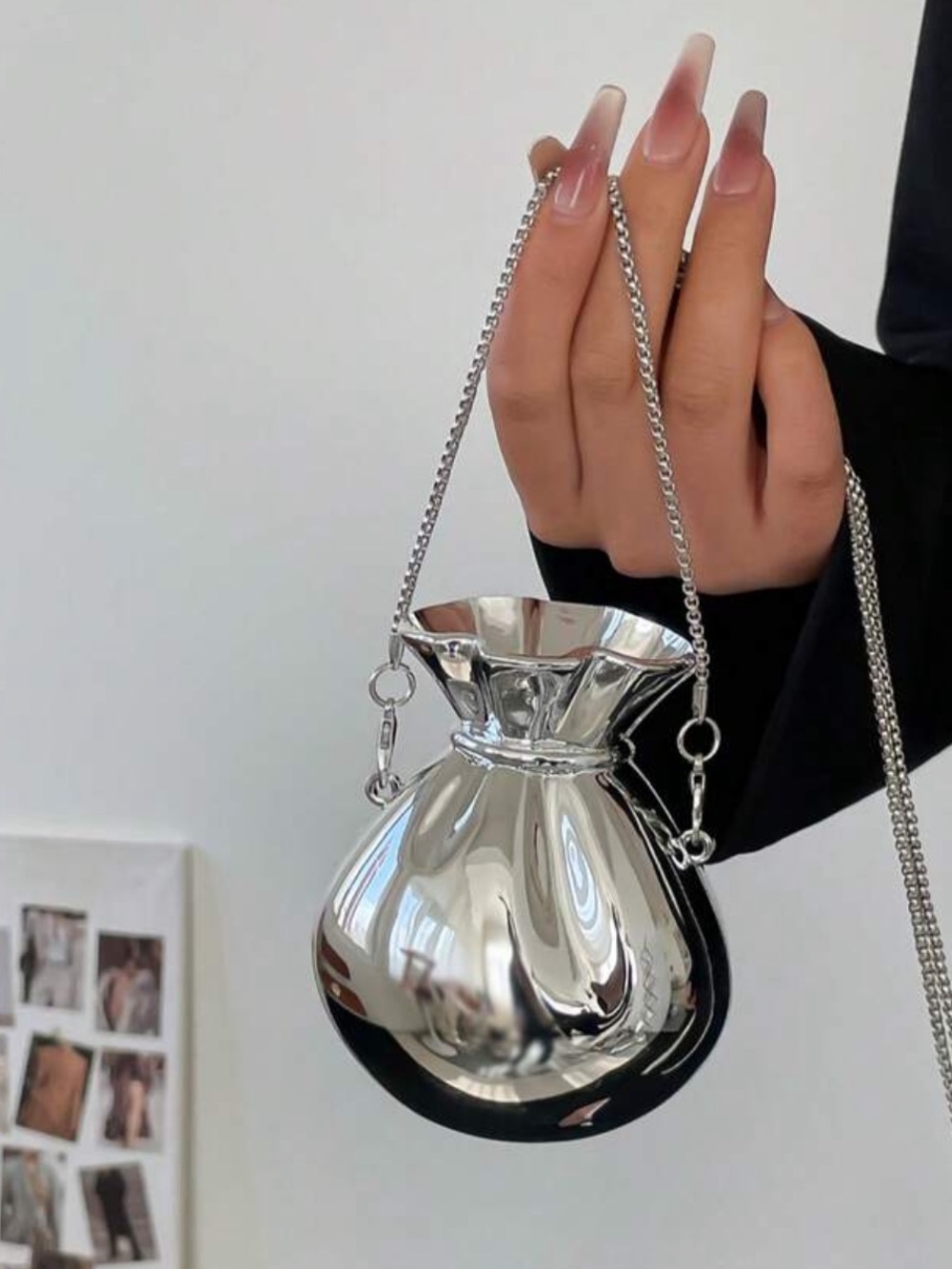 Silver Metallic Mini Drawstring Pouch Crossbody Bag